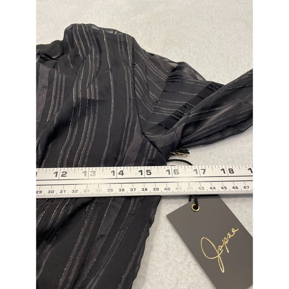 Japna Smocked Surplice Top XS Black Silver Metallic Stripe Sheer Long Sleeve NWT - Picture 6 of 8